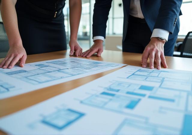 Architects reviewing furniture blueprints.