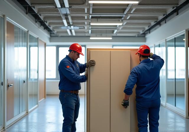 Installers assembling office furniture in a new space.
