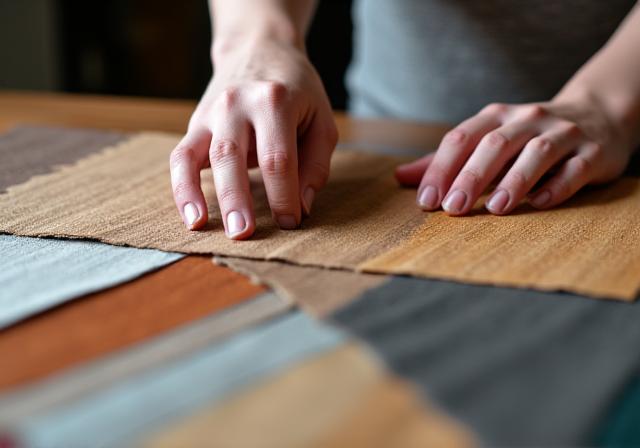 Hands touching various wood and fabric samples.
