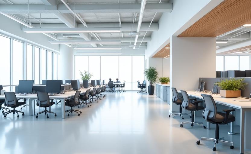 A large, bright corporate office with custom workstations and collaborative zones.