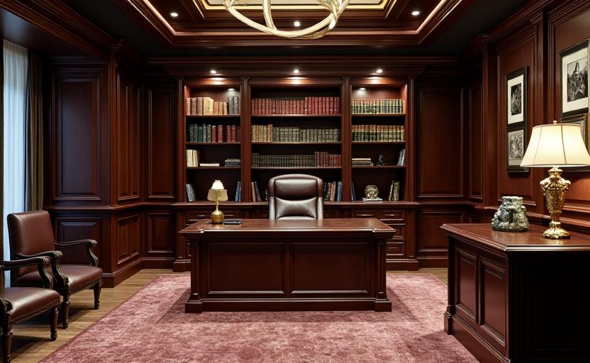 An elegant law office featuring dark wood custom joinery and executive desks.