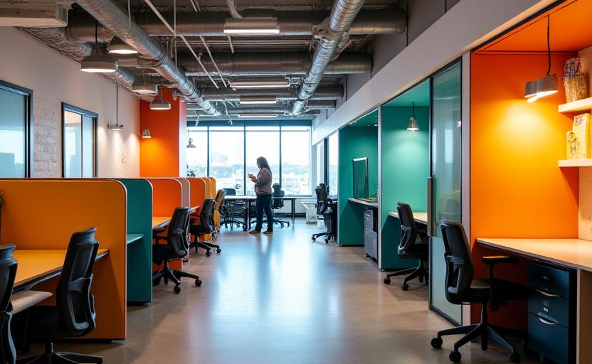 A vibrant tech office with modular desks, phone booths, and breakout areas.