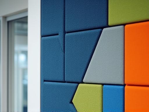 Colored acoustic panels mounted on an office wall.