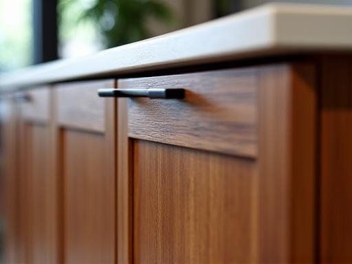 A detailed shot of custom-built office cabinetry.