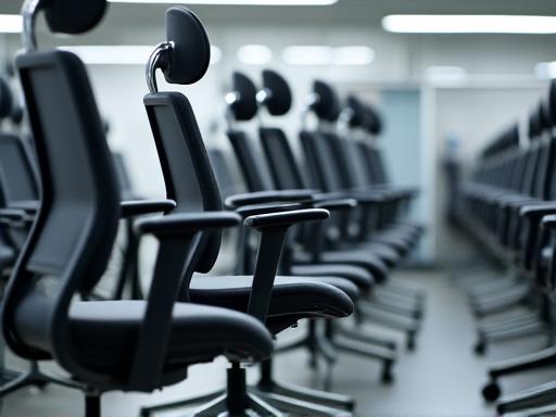 An assembly line of modern ergonomic office chairs.