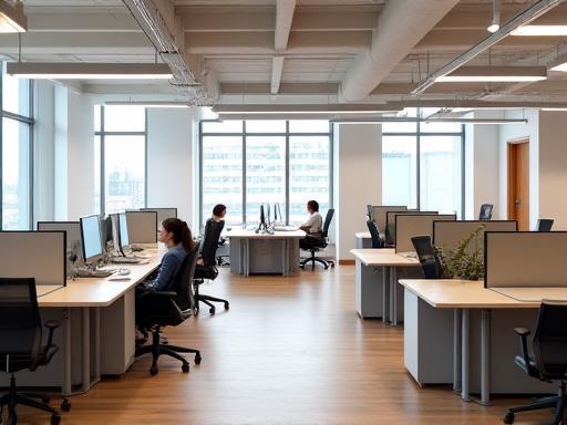 An open office with reconfigurable modular workstations.