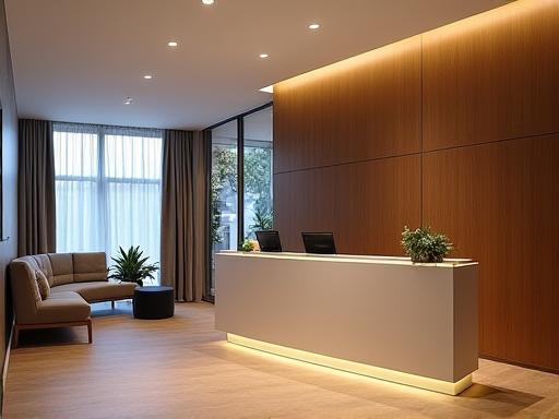 A stylish reception area with a custom desk and comfortable seating.